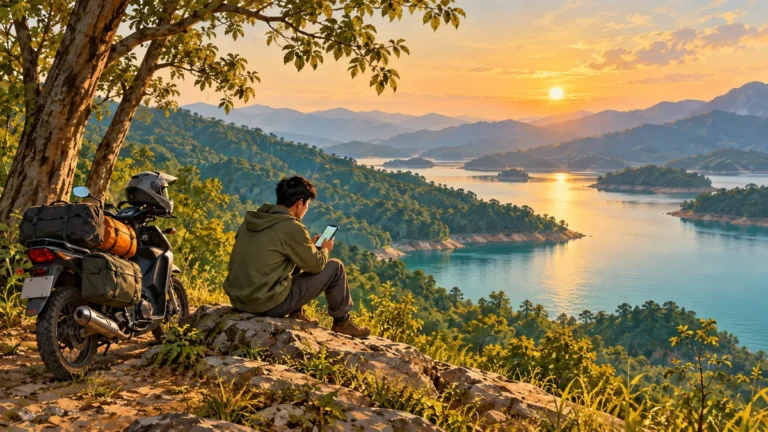 Minh họa du khách tìm hiểu điều kiện chuyến đi bên hồ Đồng Đò.