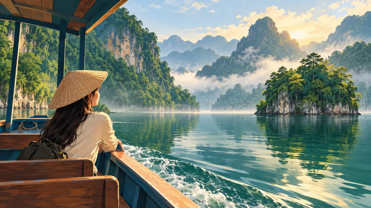 Minh họa thuyền trên hồ Na Hang giữa núi rừng và làn sương.