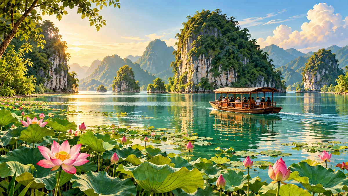 Minh họa thuyền, hoa sen và núi đá bên hồ Quan Sơn.