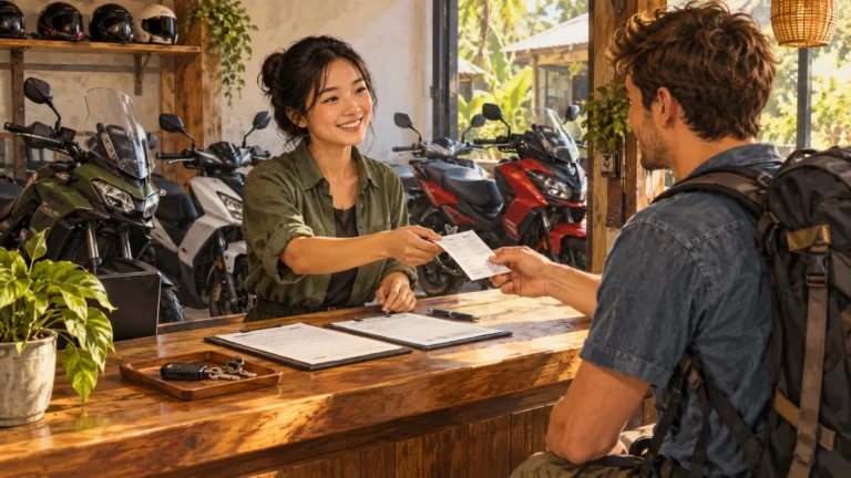 Minh họa nhận chứng từ và xác nhận khi đổi xe máy thuê.