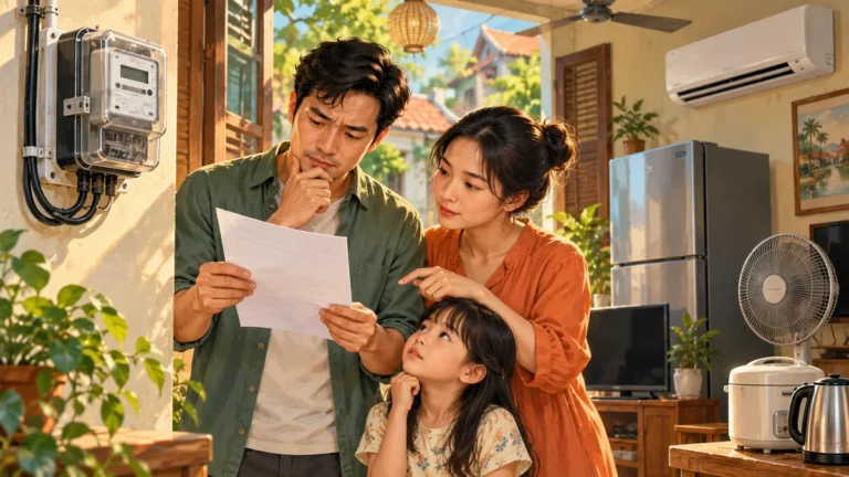 Minh họa gia đình kiểm tra hóa đơn và mức sử dụng điện sinh hoạt.