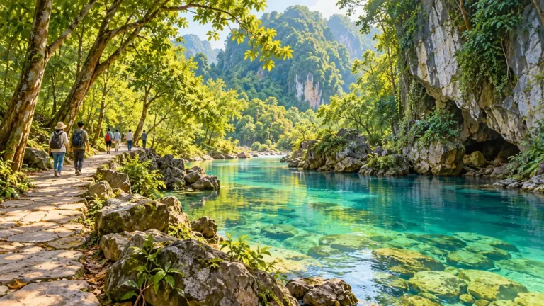 Minh họa suối xanh và đường tham quan khu di tích Pác Bó.