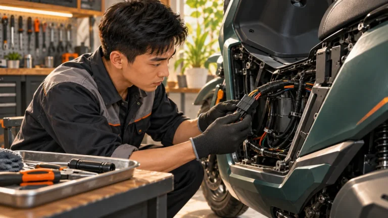 Minh họa kỹ thuật viên kiểm tra dây điện và giắc nối xe máy điện.