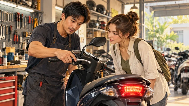 Minh họa kiểm tra tay phanh và đèn phanh khi nhận xe máy thuê.
