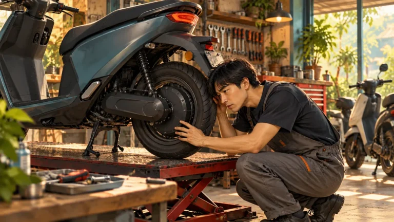 Minh họa thợ kiểm tra động cơ và bánh sau xe máy điện khi có tiếng kêu.