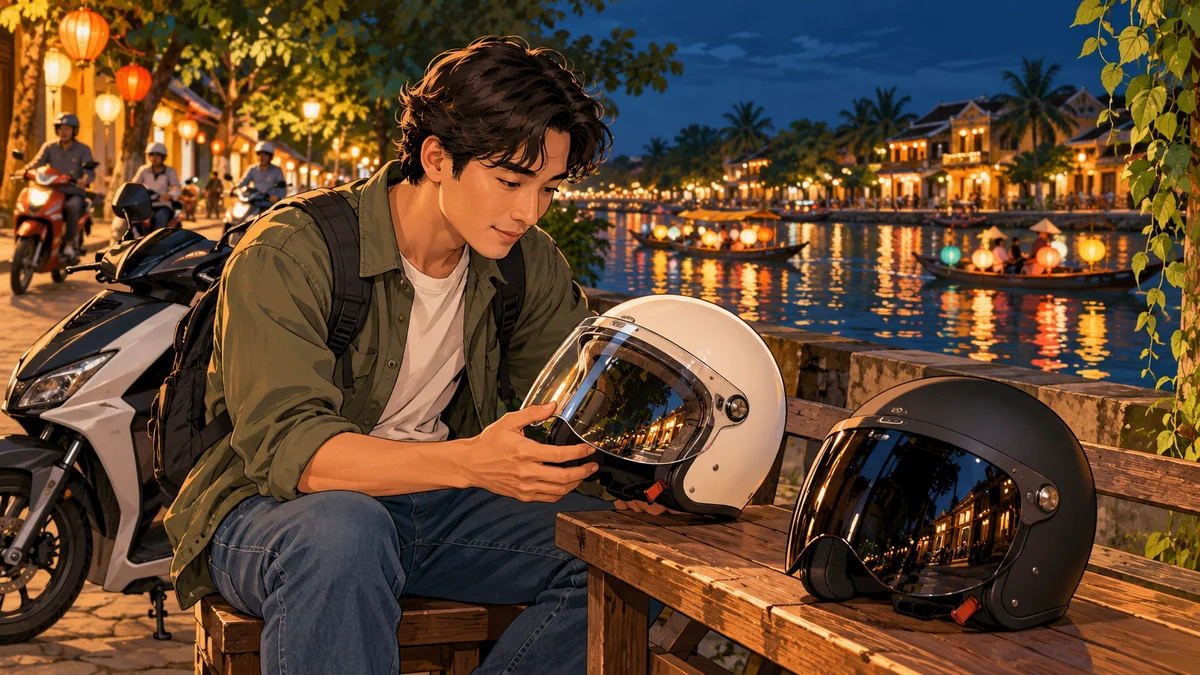Minh họa so sánh kính mũ bảo hiểm trong và tối màu trong điều kiện ban đêm.