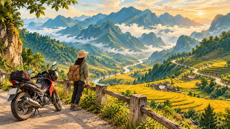 Minh họa ruộng bậc thang mùa lúa chín và đường núi Lai Châu.