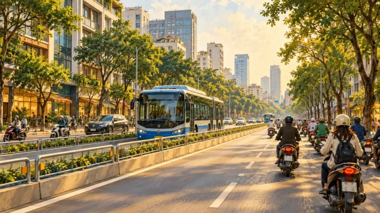 Minh họa xe buýt và xe máy di chuyển trên tuyến đường đô thị Hà Nội.