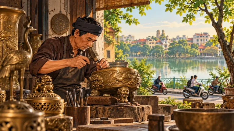 Minh họa người thợ chế tác đồ đồng trong xưởng truyền thống Ngũ Xã.