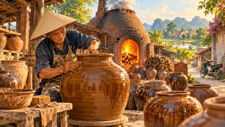 Minh họa nghệ nhân và sản phẩm gốm men nâu tại làng Phù Lãng.