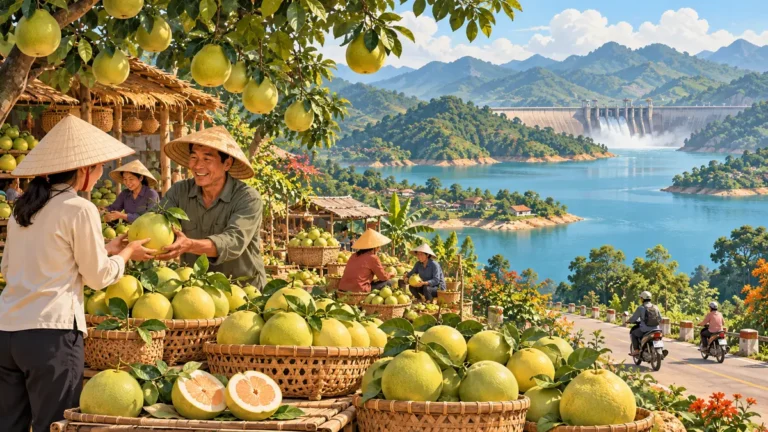 Minh họa bưởi Đại Minh và không gian vùng hồ Thác Bà.