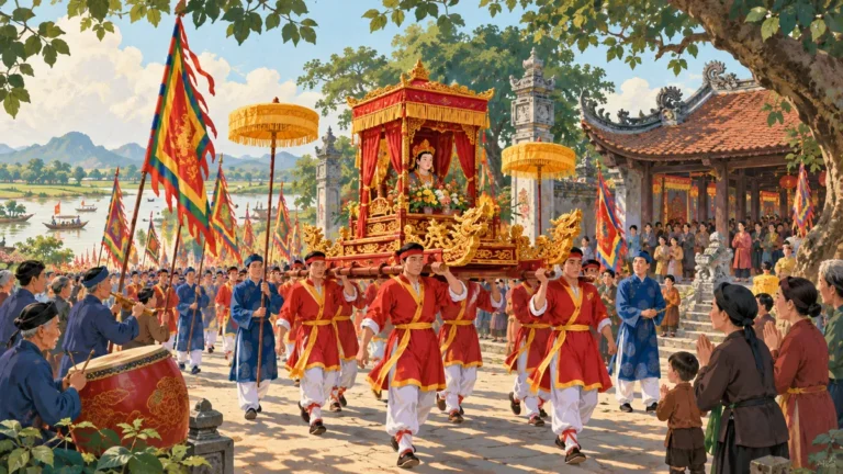 Minh họa đoàn rước kiệu trong lễ hội Chử Đồng Tử tại làng quê Bắc Bộ.