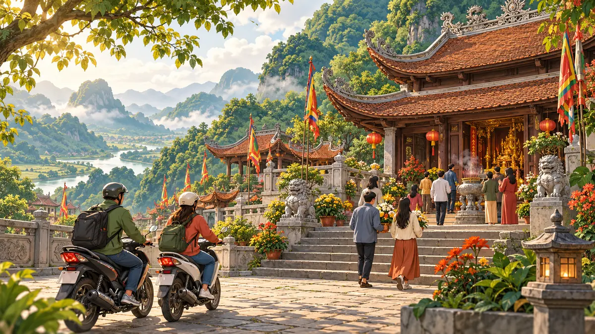 Minh họa không gian đền miền núi và khách đi lễ tại Bắc Lệ.