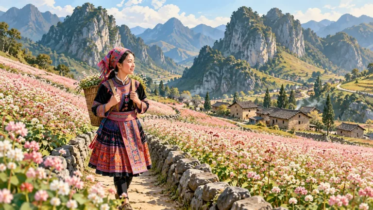 Minh họa cánh đồng hoa tam giác mạch ở Đồng Văn giữa núi đá.