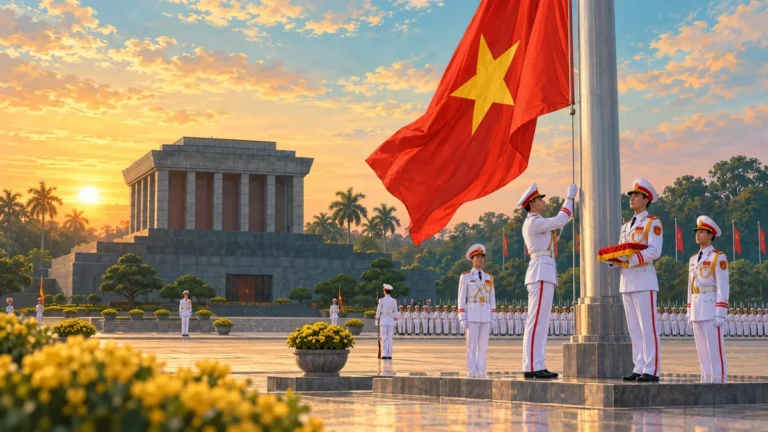 Minh họa nghi lễ thượng cờ buổi sáng tại Quảng trường Ba Đình.