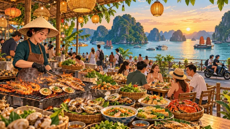 Minh họa không gian ẩm thực ven biển Quảng Ninh với các món hải sản.