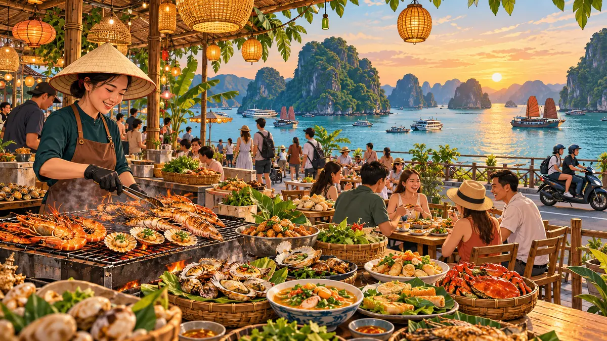 Minh họa không gian ẩm thực ven biển Quảng Ninh với các món hải sản.