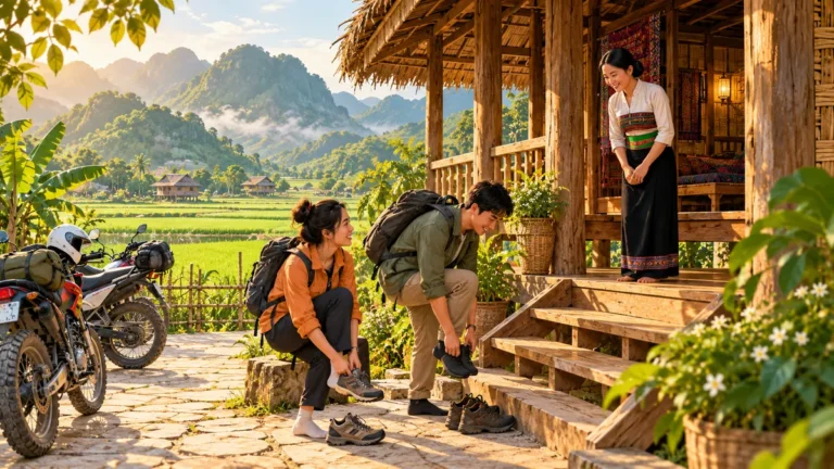 Minh họa du khách chào chủ nhà và giữ nếp sinh hoạt tại nhà sàn Mai Châu.