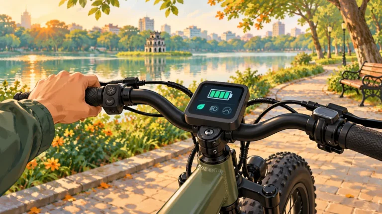 Minh họa màn hình điều khiển và tay lái xe đạp trợ lực điện.