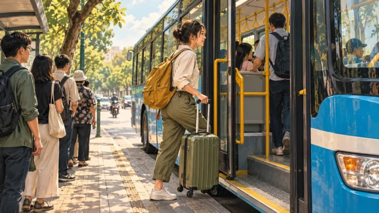 Minh họa hành khách mang vali gọn khi lên xe buýt Hà Nội.