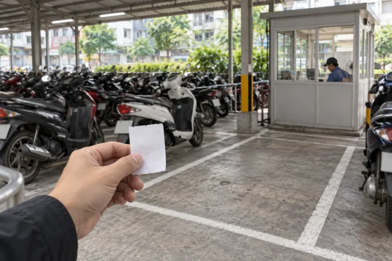 Tay cầm vé giữ xe trước ô đỗ trống trong bãi xe máy có chòi bảo vệ