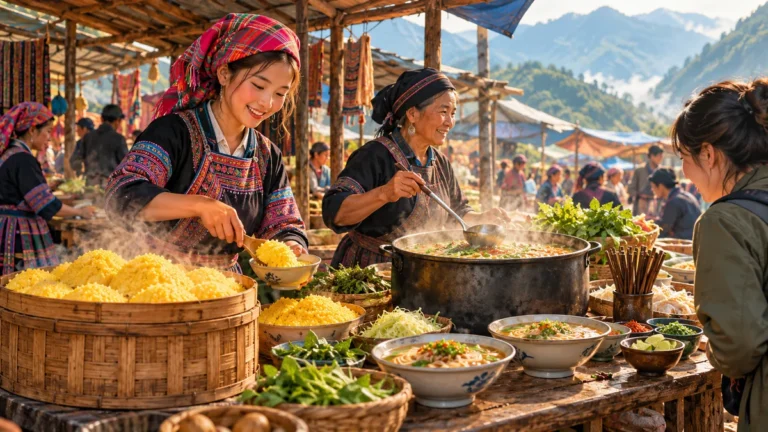 Minh họa các món ăn dân dã tại quầy ẩm thực chợ phiên vùng cao.