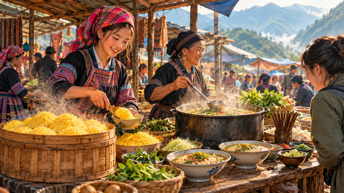 Minh họa các món ăn dân dã tại quầy ẩm thực chợ phiên vùng cao.