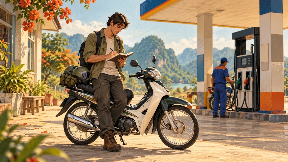 Minh họa người sử dụng xe 50cc theo dõi lượng xăng cho việc đi lại hằng ngày.