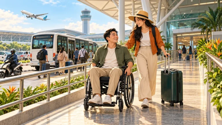 Minh họa hành khách dùng xe lăn di chuyển tại nhà ga sân bay.
