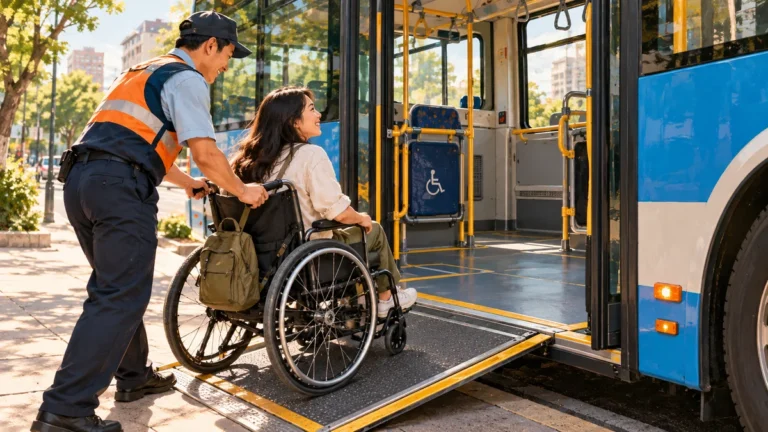 Minh họa hành khách dùng xe lăn lên xe buýt qua cầu dẫn hỗ trợ.