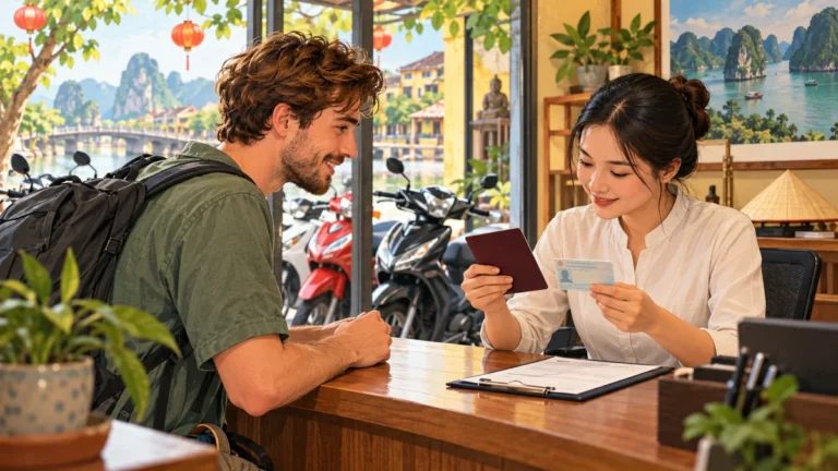 Minh họa người nước ngoài chuẩn bị giấy tờ đăng ký xe máy tại Việt Nam.