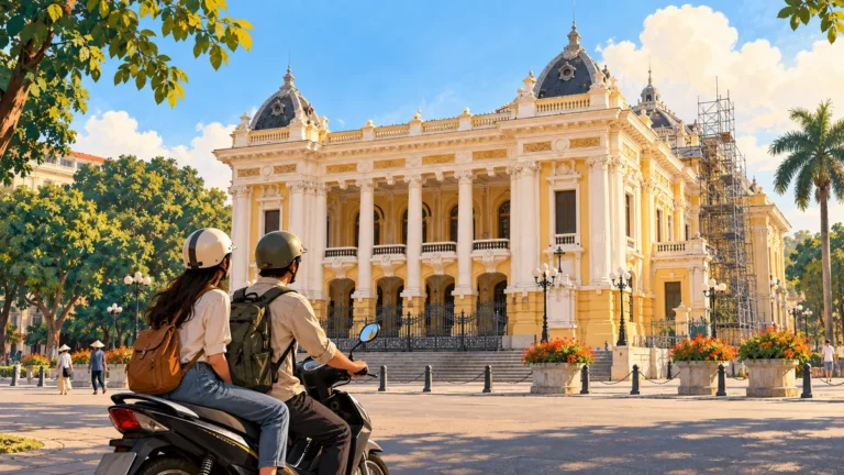Minh họa Nhà hát Lớn Hà Nội trong bối cảnh bảo dưỡng công trình.