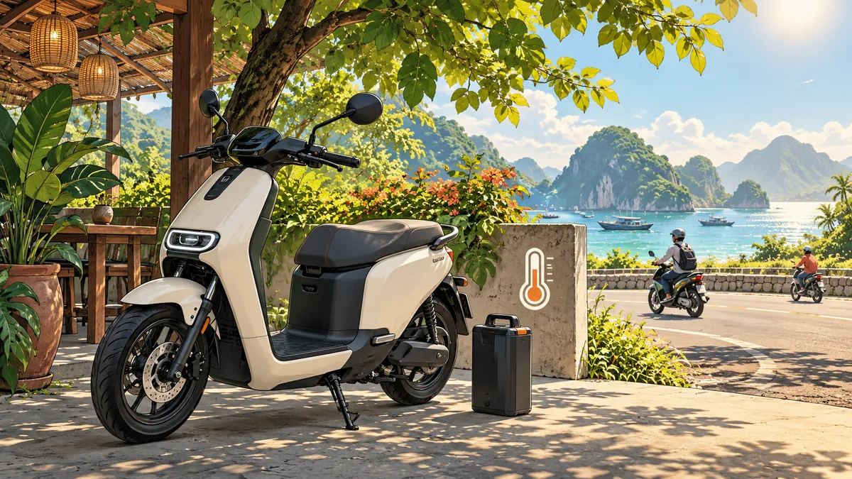 Minh họa xe máy điện và pin được đặt trong không gian thoáng mát.