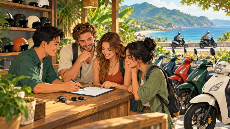 Minh họa nhóm bạn cùng kiểm tra giấy tờ khi thuê xe máy.