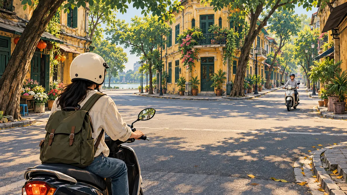 Minh họa người đi xe máy quan sát tại ngã tư không có đèn tín hiệu.