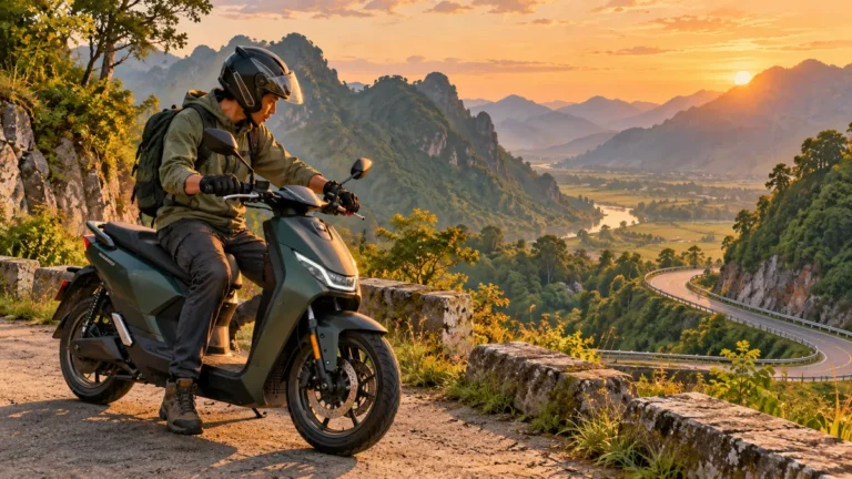 Minh họa người lái kiểm tra phanh xe điện trước đoạn đường đèo.