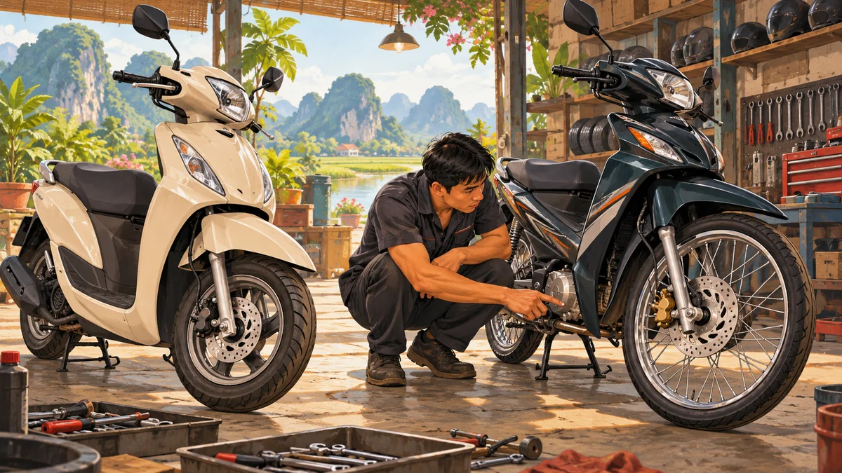 Minh họa thợ kiểm tra bánh xe và phanh của xe máy 50cc.