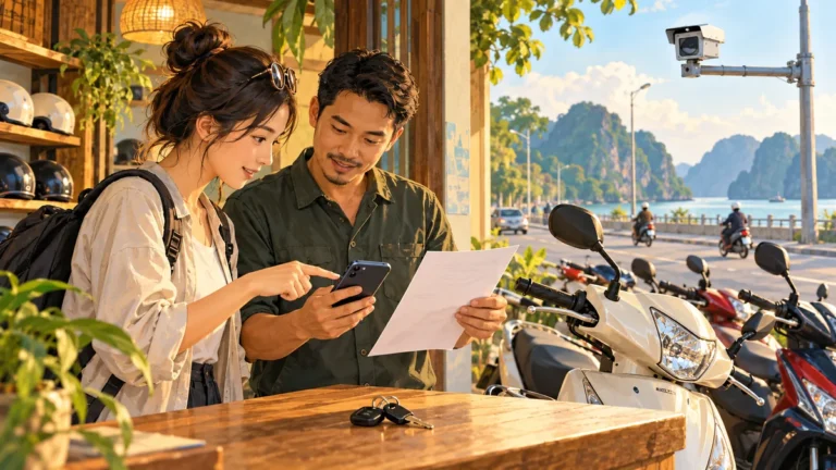 Minh họa khách và cửa hàng trao đổi thông báo phạt nguội sau khi trả xe thuê.