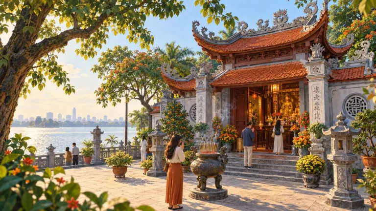 Minh họa kiến trúc Phủ Tây Hồ và không gian thờ tự bên hồ Tây.