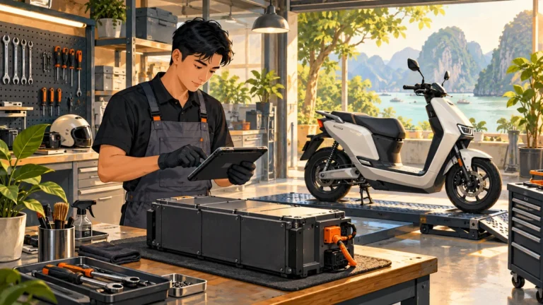 Minh họa kỹ thuật viên kiểm tra pin và xe máy điện tại xưởng.