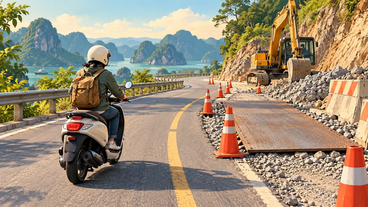 Minh họa xe máy đi chậm qua đoạn đường đang sửa có rào chắn và sỏi.