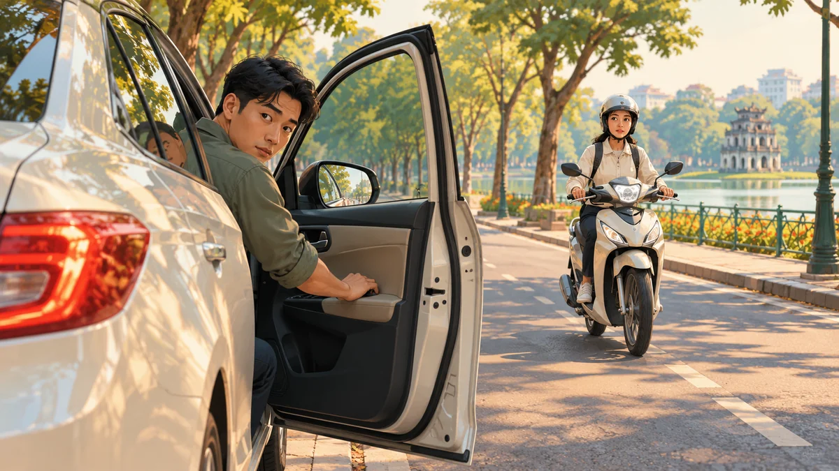Minh họa người lái ô tô quan sát trước khi mở cửa cạnh làn xe máy.