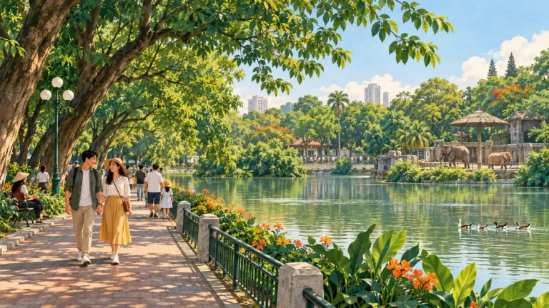 Minh họa hồ nước, lối dạo và không gian xanh công viên Thủ Lệ.