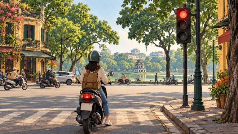 Minh họa người đi xe máy dừng trước vạch khi đèn tín hiệu màu đỏ.