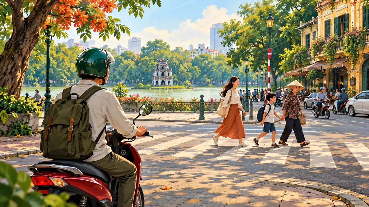 Minh họa người đi xe máy nhường người đi bộ trước khi rẽ.