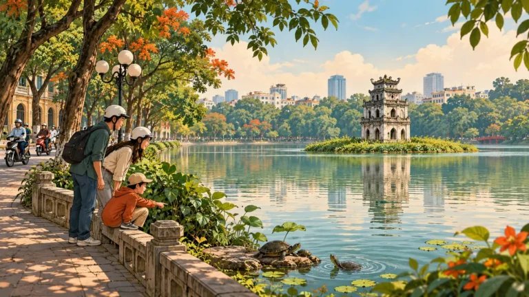 Minh họa Tháp Rùa và chủ đề bảo tồn rùa ở Hồ Gươm.