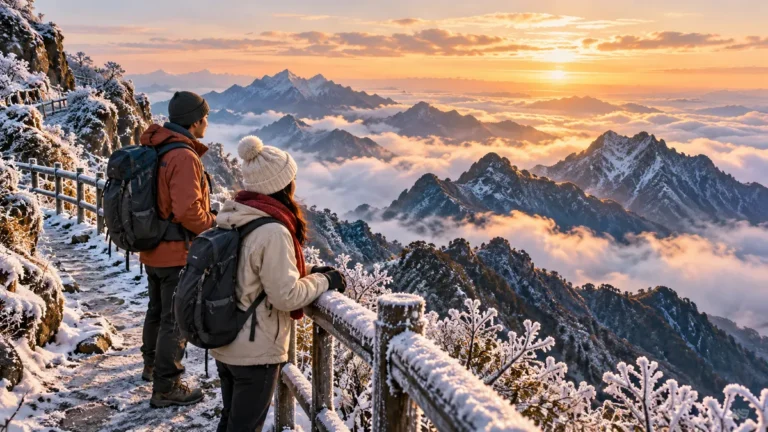 Minh họa du khách ngắm băng tuyết trên vùng núi cao gần Sa Pa.