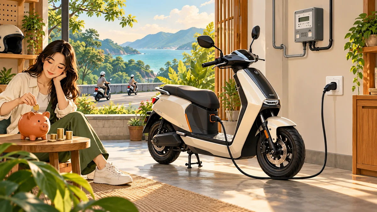 Minh họa sạc xe máy điện và theo dõi điện năng sử dụng.
