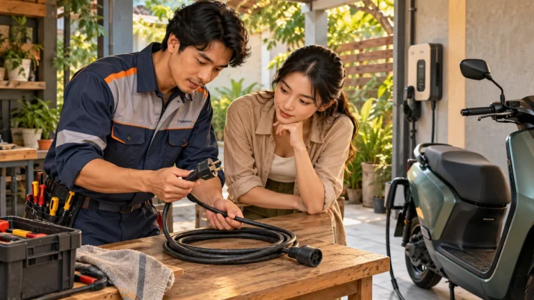 Minh họa kiểm tra dây nối dài trước khi lựa chọn cách sạc xe điện.