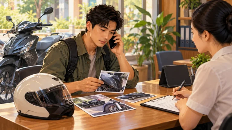 Minh họa người đi xe máy liên hệ bảo hiểm và chuẩn bị hồ sơ sau sự cố.